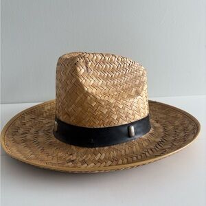 Woven Straw Hat Wide Brim Western Boho Festival Cowboy Style Leather Band